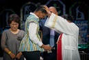 Bishop Ruby-Nell M. Estrella (right) commissions Mamei Sombo Lansana as a missionary during the May 2 morning worship of the United Methodist General Conference in Charlotte, N.C. Assisting are Grace Choi and Roland Fernandes. Photo by Paul Jeffrey, UM News.
