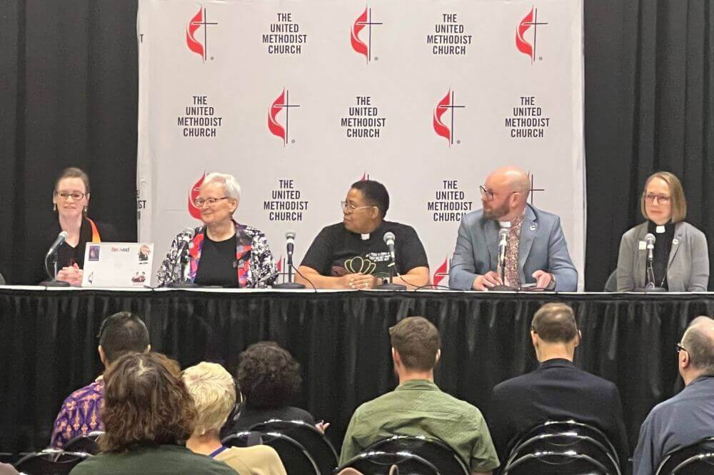 Dr. Ashley Boggan D. of GCAH announced the fomation of the Center for LGBTQ+ United Methodist Heritage at the Postponed 2020 General Conference. Queer United Methodist leaders joined the press conference to share their stories. Pictured (l-r): Boggan; Jan Lawrence, Reconciling Ministries Network; Rev. Effie McAvoy, pastor at Shepherd of the Valley in Hope, R.I. and clergy delegate; the Rev. Austin Adkinson, pastor at Light of the Hill UMC in Puyallup, Wash.; and Rev. Hannah Adair Bonner, a clergy delegate to General Conference. Photo by Crystal Caviness.