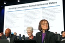 Bishop Debra Wallace-Padgett (right) presides over the voting of members to the Standing Committee on Central Conference Matters during the United Methodist General Conference in Charlotte, N.C., on May 2. Photo by Larry McCormack, UM News.