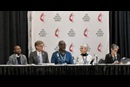 (L-R) Rev. Ande Emmanuel, John Hill, Dr. Randall Miller, Dr. Mary Elizabeth Moore, and Bishop Sally Dyck host press briefing at General Conference, Charlotte after historic Revised Social Principles adoption. Photo courtesy of Church and Society.
