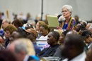 The Rev. Joy Barrett, a clergy delegate from the Michigan Conference, speaks on May 3 during the final day of the United Methodist General Conference in Charlotte, N.C. Photo by Paul Jeffrey, UM News.