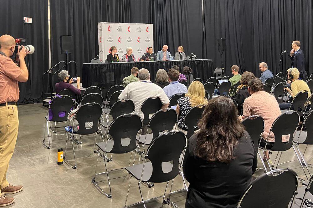 At a May 2, 2024, press conference, Dr. Ashley Boggan D. announced the formation of the Center for LGBTQ+ United Methodist Heritage. Boggan also invited members of the Queer Caucus to share their stories. Photo by Crystal Caviness, United Methodist  Communications.