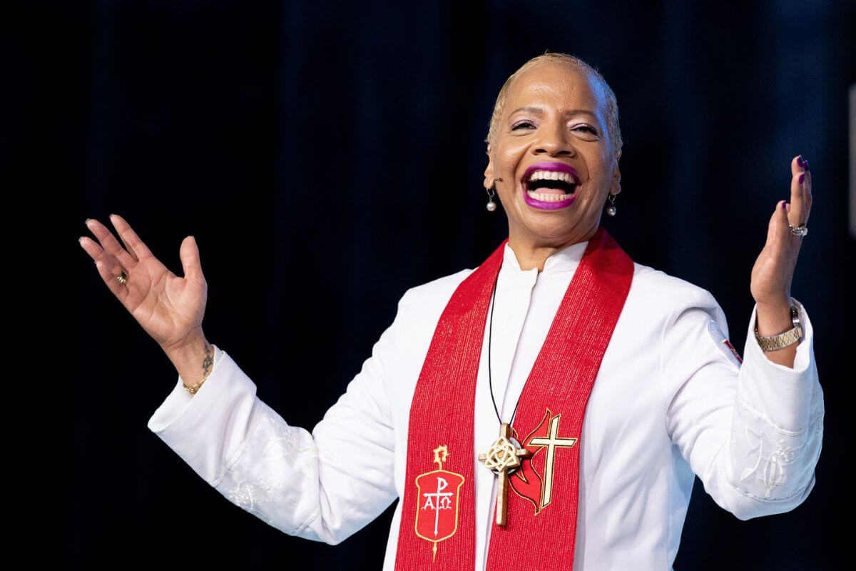 Bishop Tracy Smith Malone preaches during morning worship at the 2020/2024 United Methodist General Conference in Charlotte, N.C.  (Photo by Mike DuBose, UM News.)