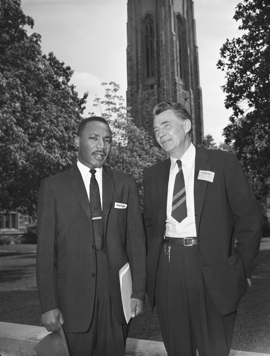 Photo: Dr. Martin Luther King Jr., pastor of Dexter Ave. Baptist Church, Montgomery, Ala., minister who started the now-famous bus boycott in Montgomery last year, with Howard Kester, executive secretary of The Fellowship of Southern Churchmen, Black Mountain, N.C., and of the Conference on Christian Faith and Human Relations. Dr. King addressed the three-day session at University Center today. 1957. Photo by Jack Gunter. Courtesy of Nashville Banner archives at the Nashville Public Library.