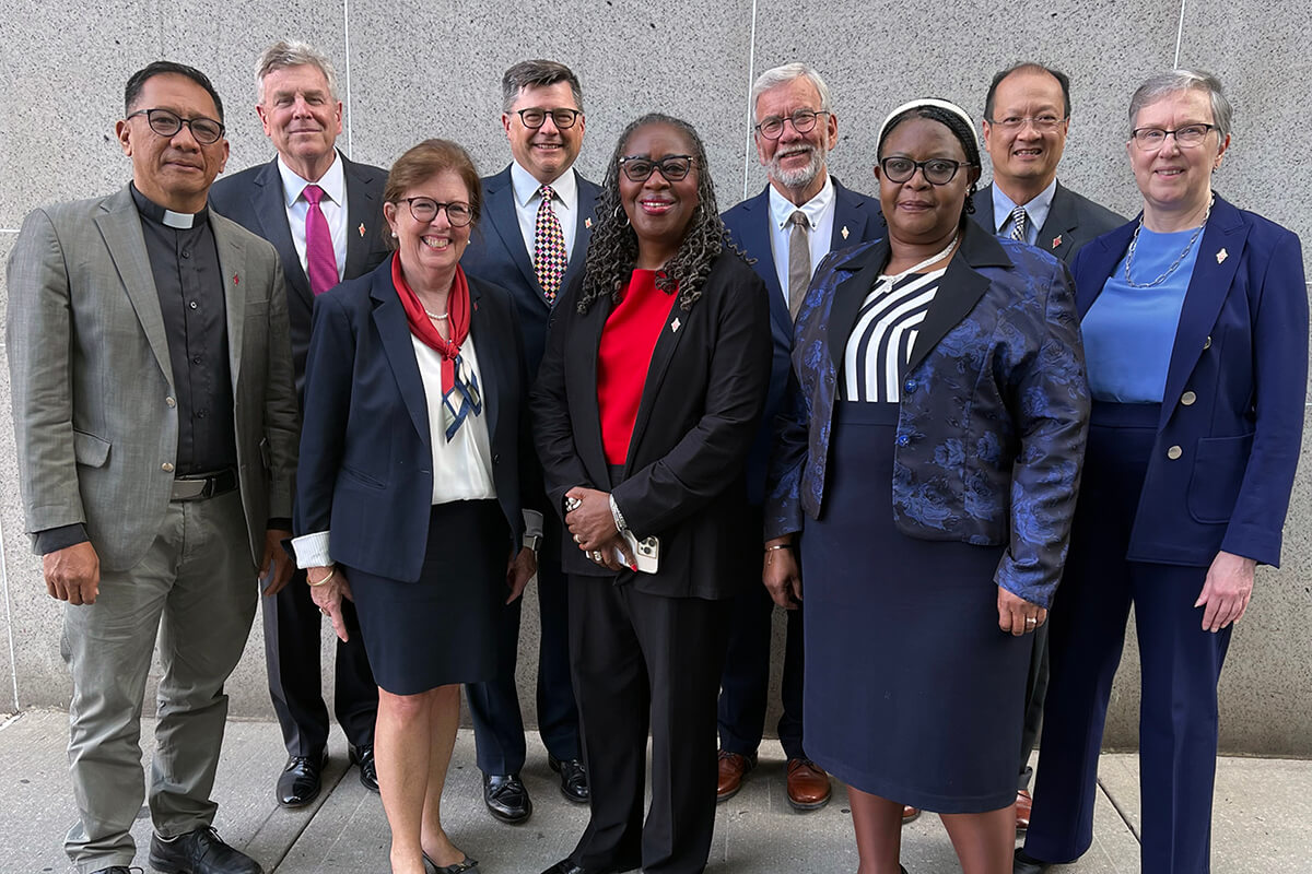 Members of the 2024-2028 Judicial Council are (front row, from left) the Rev. Jonathan Ulanday; the Rev. Susan Henry-Crowe, president; the Rev. Angela Brown, secretary; and Molly Hlekani Mwayera; (back row, from left) Bill Waddell; Andrew Vorbrich; the Rev. Øyvind Helliesen; the Rev. Luan-Vu Tran; and Harriett Olson. The Judicial Council released decisions Oct. 29. Photo by Linda Bloom, UM News.