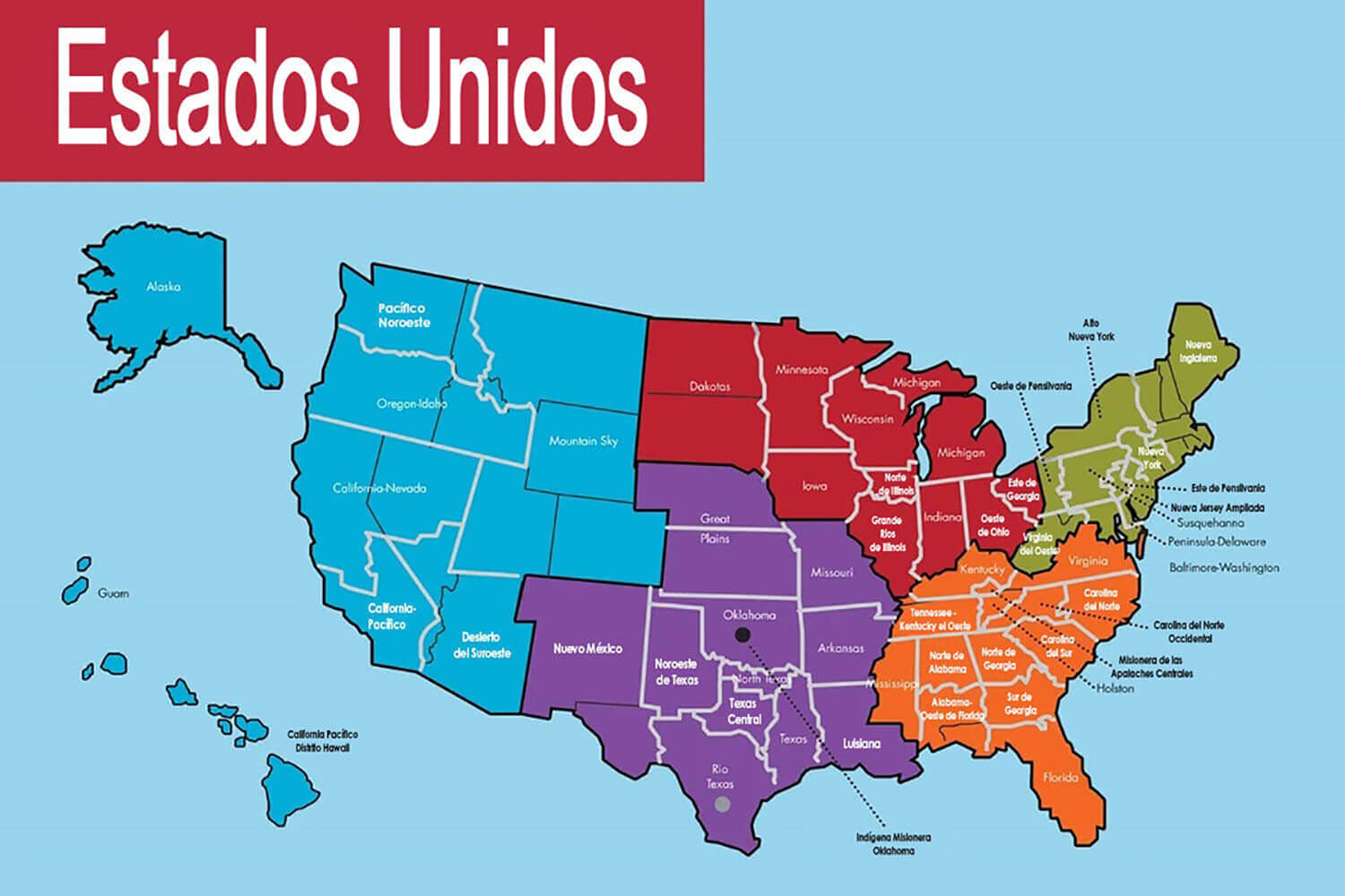 Mapa das jurisdições dos EUA, áreas episcopais e conferências anuais pela Comunicações Metodista Unida.
