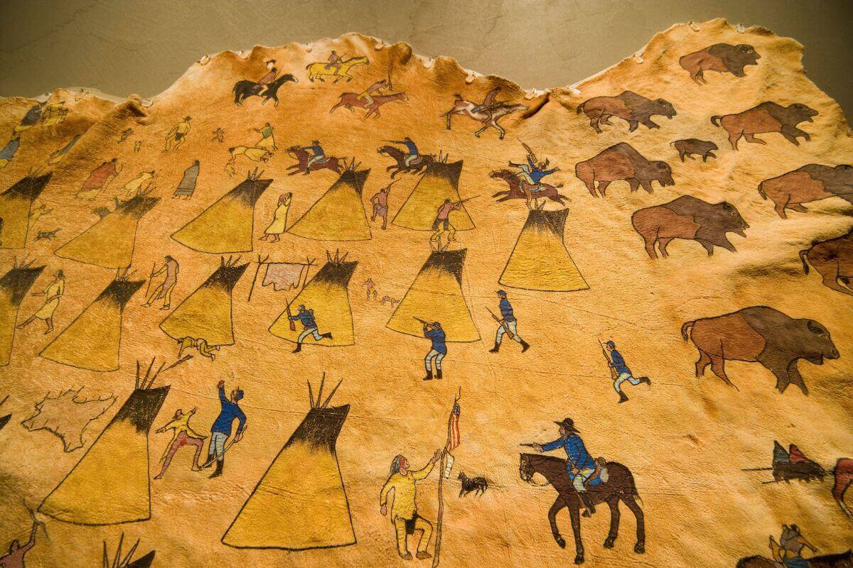  Native American deer hide painting by Eugene J. Ridgely Sr.  depicting the Sand Creek Massacre that occurred on Nov. 29, 1864. Photo used with permission.