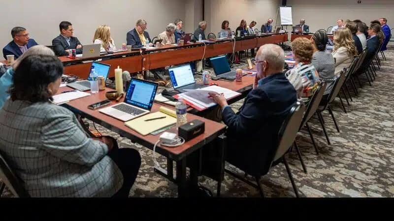 Members of the University Senate meet on June 18 to discuss what it means to be a United Methodist institution. Photo courtesy of GBHEM.