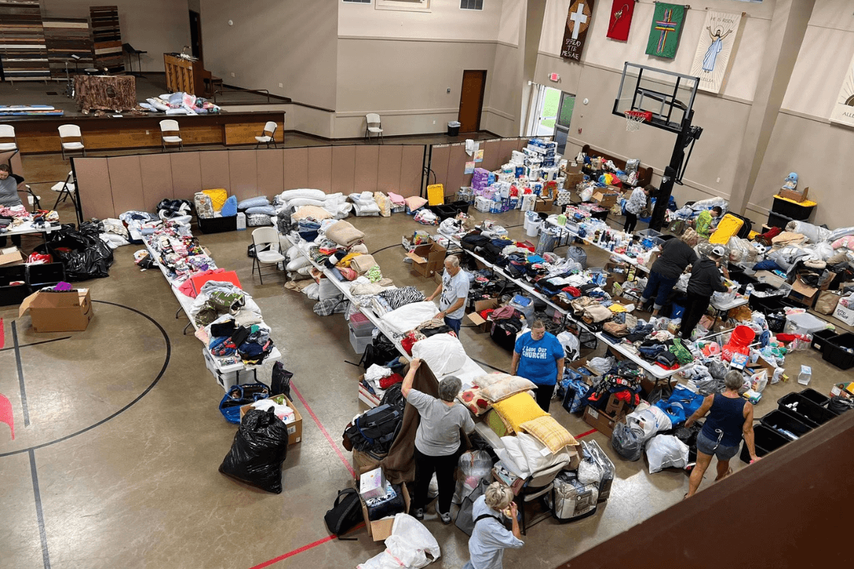 Donations staging area for persons impacted by the Guadalupe River flood available at Cross Tracks United Methodist Church in Liberty Hill, Texas. (Photo courtesy of Cross Tracks UMC.) 