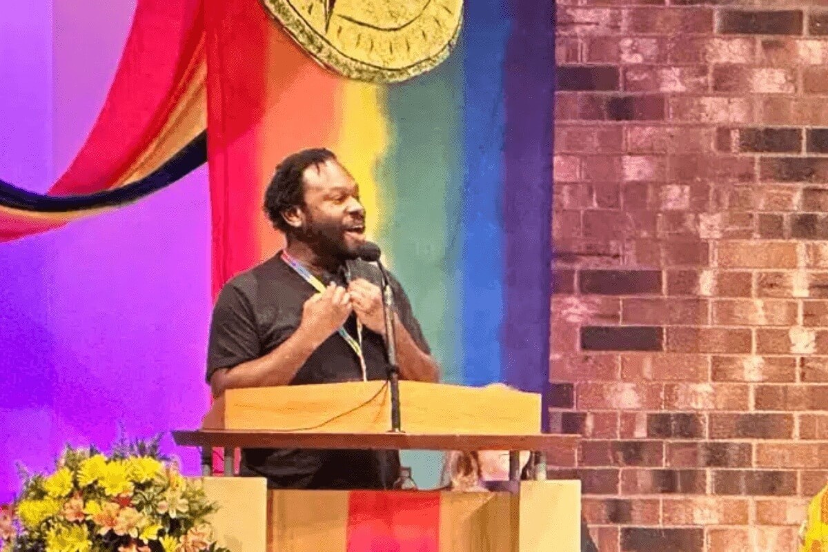 Reconciling Ministries and General Board of Higher Education and Ministries board member Derrick Scott III reinforced the denominations support for the network and its mission.  Photo courtesy of Rev. Trip Lowery.