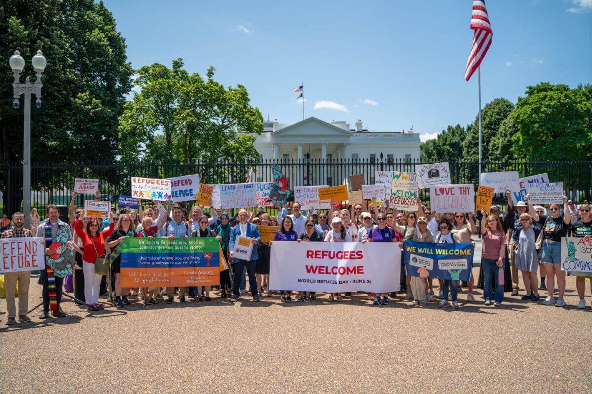 Ecumenical demonstration outside the Whitehouse on World Refugee Day 2025. Photo courtesy of CWS.