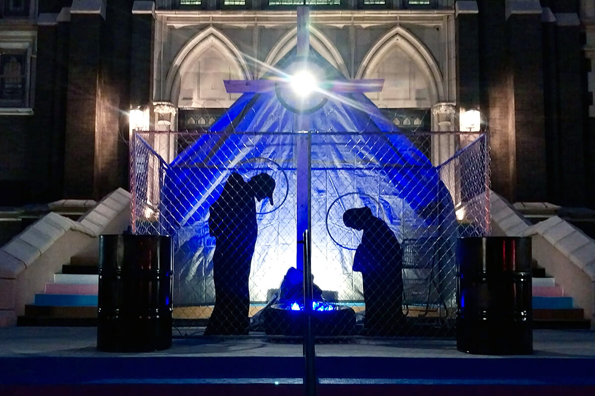 In a Nativity scene at Oak Lawn United Methodist Church in Dallas, Mary, Joseph and the baby Jesus are depicted being held in a detention center, as a protest of how immigrants are being treated in the United States. “We feel it’s important to depict the parallel of what’s happening in our world with what we understand to have been happening in the biblical story of the birth of Jesus,” said the Rev. Rachel Griffin-Allison, senior pastor of Oak Lawn. Photo courtesy of Oak Lawn United Methodist Church.