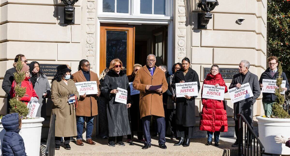 United Methodists hold a prayer vigil on the steps on The United Methodist Building, Capitol Hill,  Washington, D.C.