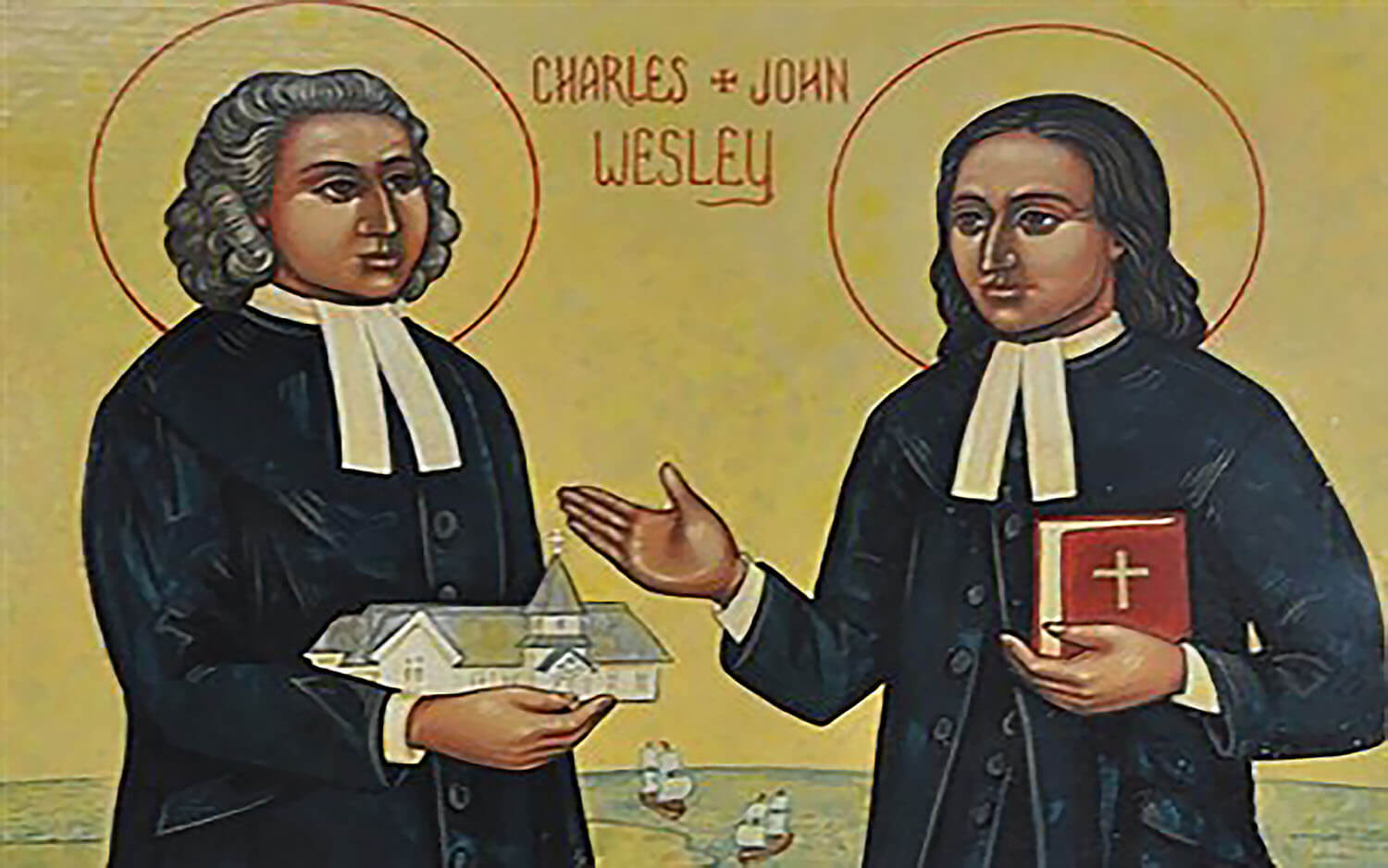 Santos Carlos e João Wesley. Obra original de Robert Lentz, cortesia do Conselho de Bispos/as da Igreja Metodista Unida.
