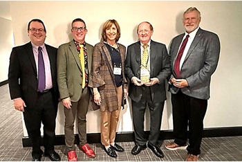 (Left to right) Rev. Tom Parkinson, Wespath Nominating and Governance Committee Chairperson; Andy Hendren, Wespath General Secretary; Necia Dexter, Wespath Audit Committee Chairperson; Clay F. Lee Award recipient Rev. Dr. Ed Tomlinson; and Bishop Robert Schnase, Wespath Board Chair. Photo courtesy of Wespath.