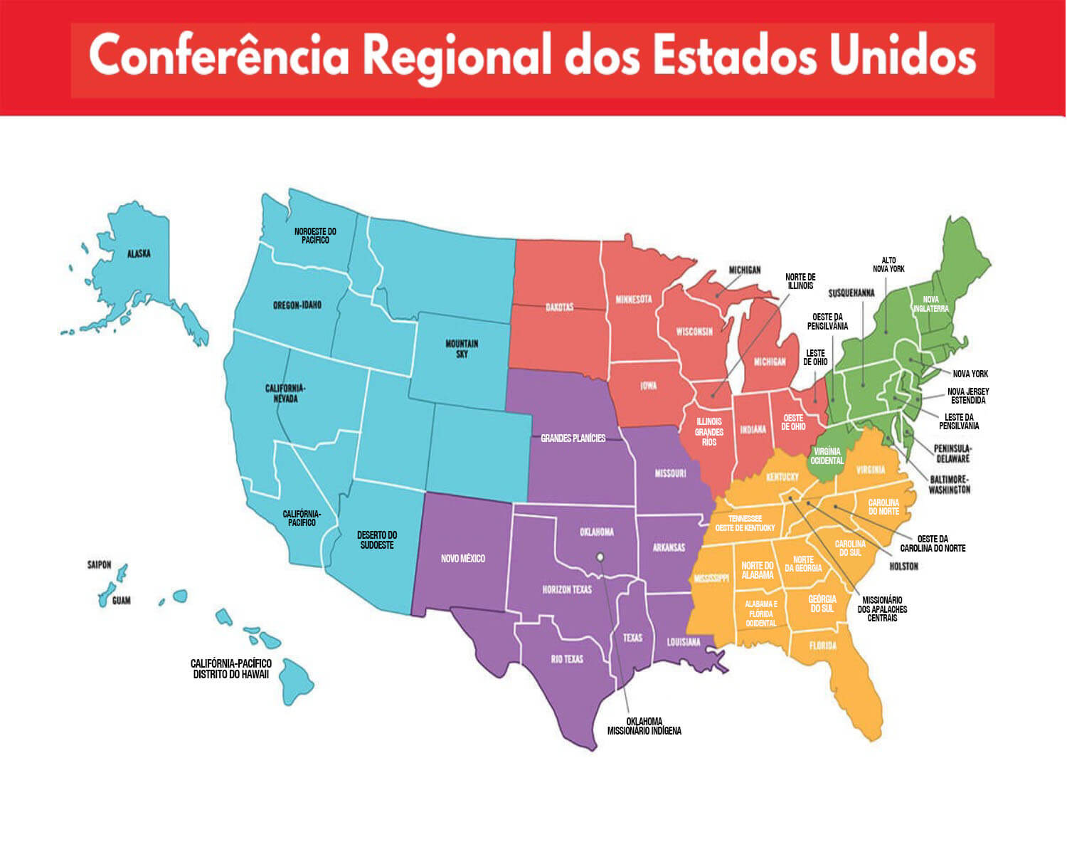 As cinco jurisdições dos Estados Unidos — cada uma composta por múltiplas conferências anuais — foram estabelecidas em 1939. Embora o processo de regionalização mantenha as jurisdições atuais, um grupo de líderes metodistas unidos está avaliando uma proposta para emendar a Constituição da denominação, a fim de permitir que cada conferência regional — incluindo a dos Estados Unidos — decida se mantém ou não as jurisdições. Mapa extraído do "Livro de Disciplina da Igreja Metodista Unida" de 2025–2028, cortesia da ResourceUMC. Versão em português pelo Rev. Gustavo Vasquez, Noticias MU.