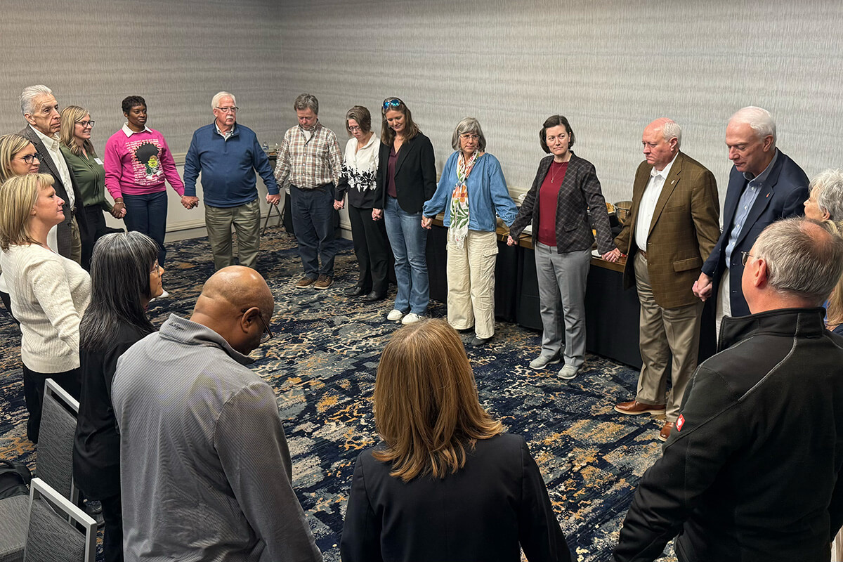 United Methodist leaders pray during a Feb. 27-28 summit in Nashville, Tenn., focused on the future of episcopal leadership. This week, the denomination’s Judicial Council will take up questions related to the allocation of U.S. bishops going forward. Photo by Andrew Jensen, General Council on Finance and Administration.