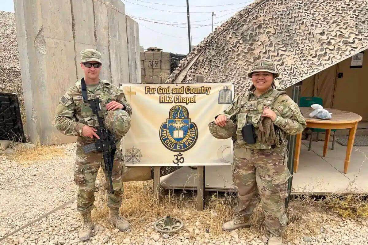 Sometimes there is not a dedicated chapel building and we have to create a holy space with what we have. Here Sgt. Brian Marsh, religious specialist, and Chaplain (Major) Amor Del Rosario, converted the MWR tent into a chapel for an hour. Photo courtesy of Rev. Amor Del Rosario.