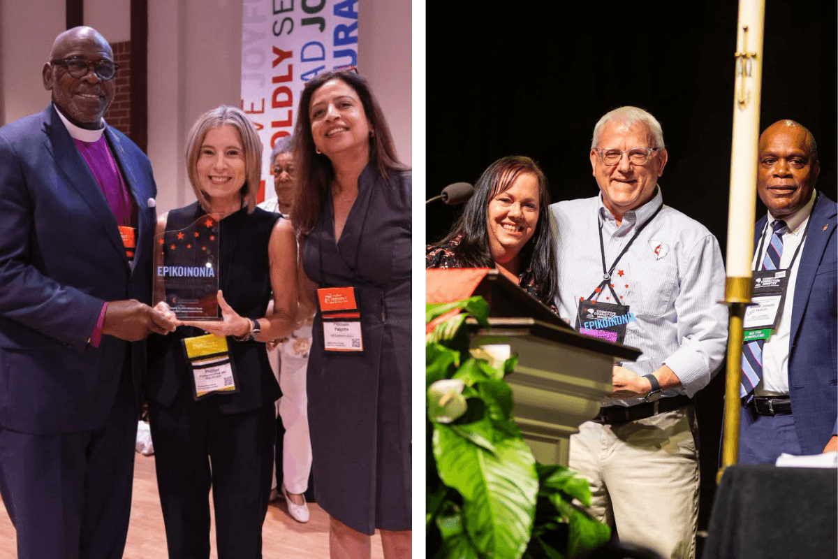 Mary Catherine Phillips (left, center) and Dan O'Mara (right, center) receive the Epi Award for excellence in communication ministry.