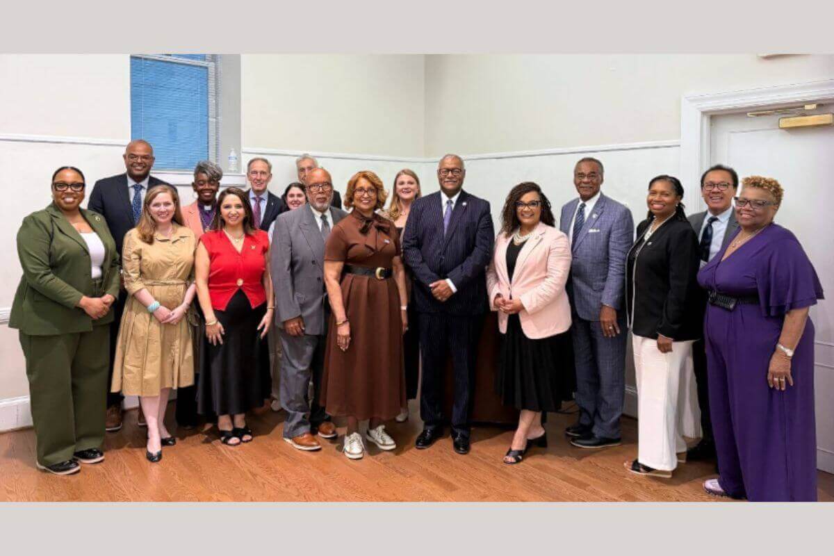 Front row, from left: The Rev. Camille Henderson-Edwards, Rep. Lizzie Fletcher, Rep. Delia Ramirez, Rep. Bennie Thompson, Bishop Vashti Murphy McKenzie, Bishop Julius C. Trimble, Rep. Nikema Williams, Rep. Emanuel Cleaver, the Rev. Dr. Copeland-Tune, the Rev. Dr. Liberato (Levi) Bautista, the Rev. Angelique Mason. Back row, from left: The Rev. Dr. Brian Tillman, Bishop Delores Williamston, Bishop Tom Berlin, Colleen Moore, Bishop Ruben Saenz, Darina Regio. Members of Congress, United Methodist bishops and ecumenical leaders gathered at the United Methodist Building for dinner and discussion. Present but not pictured: Rep. Jahana Hayes, Rep. Rick Larsen and Bishop Cynthia Moore-Koikoi.