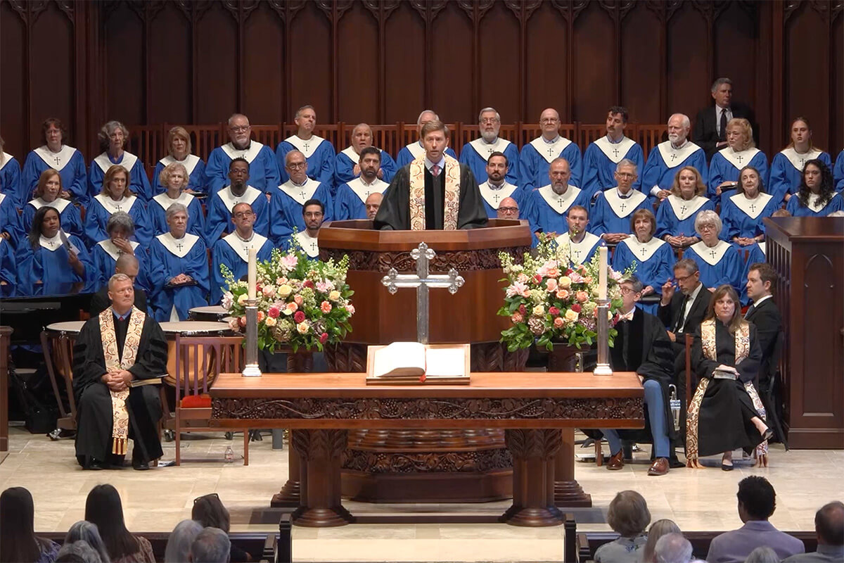 The Rev. Matt Tuggle, senior minister of Highland Park United Methodist Church, speaks to the congregation Aug. 16 about a civil lawsuit filed by the Horizon Texas Conference against the church. Tuggle said the church was blindsided by the lawsuit, which challenges changes made to Highland Park’s legal documents. Screen shot courtesy of Highland Park United Methodist Church. 