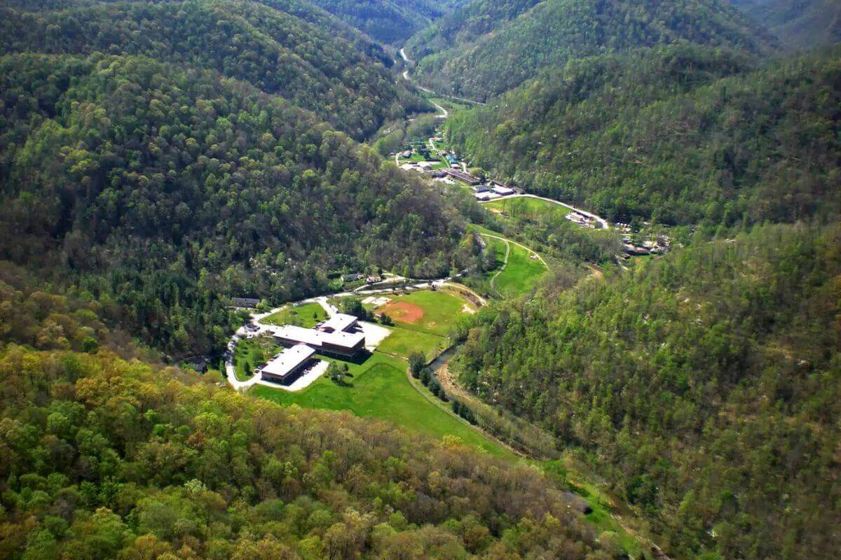 Red Bird Mission complex - closest, Red Bird School (white roof), next down the valley, Red Bird Mission Community Outreach Center, Feed Appalachia gardens, work barns, etc. Photo: Aerial photo courtesy of Red Bird Mission School