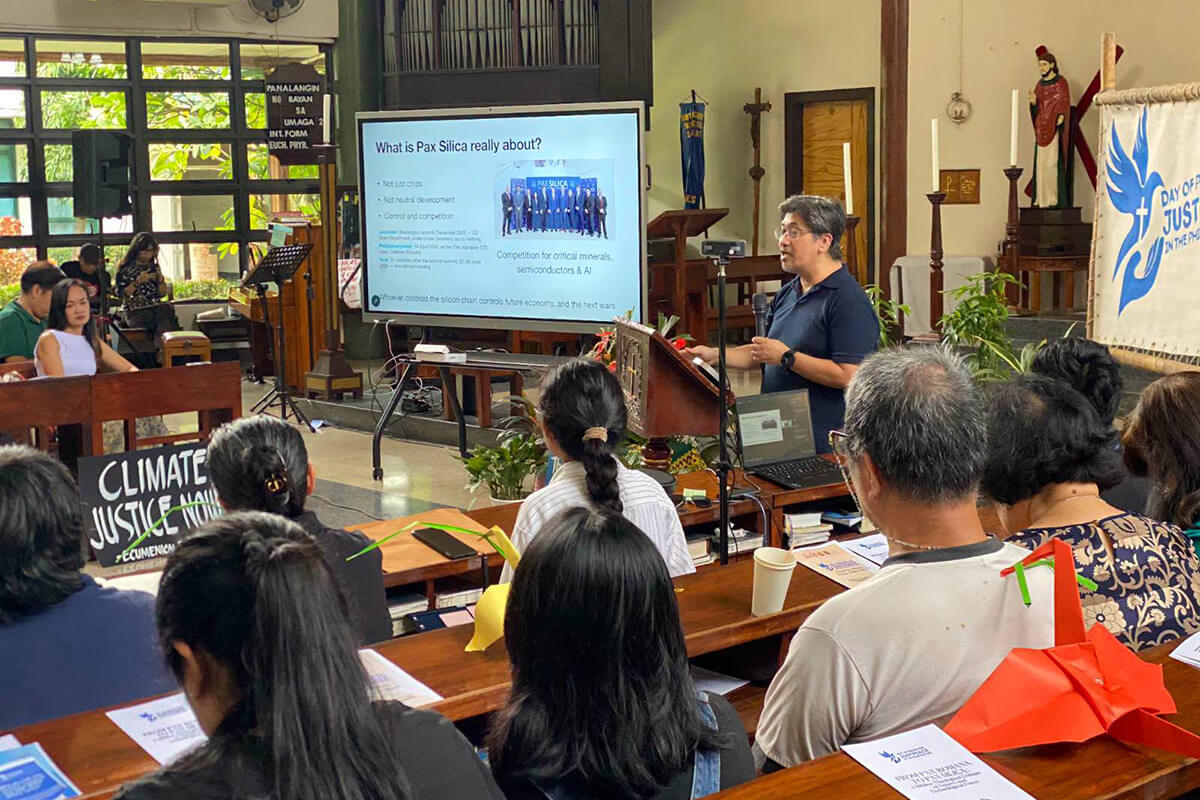 Giovanni Tapang, a scientist and spokesperson of Advocates of Science and Technology for the People, speaks to an ecumenical gathering in Quezon City about the proposed Pax Silica development in New Clark City, Tarlac, and its possible implications for communities, Indigenous Peoples, natural resources and Philippine sovereignty. Photo by Donna Mae Delfin, National Council of Churches in the Philippines.