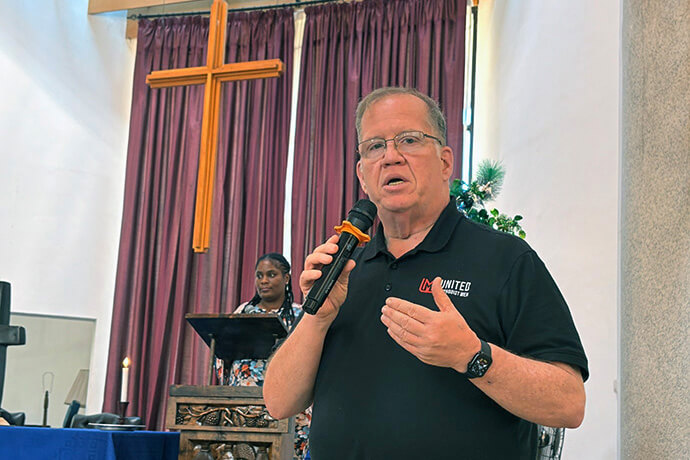 The Rev. Rick Vance, top executive of United Methodist Men, speaks during the inaugural meeting of the men’s agency on the African continent Dec. 9-11, 2025, at Africa University in Mutare, Zimbabwe. On Oct. 7, Vance announced that United Methodist Men had halted its affiliation with the U.S. National Association of Conference Presidents. But he also held out hope that United Methodist Men and association could work toward an agreement that restores their relationship. File photo by Eveline Chikwanah, UM News.
