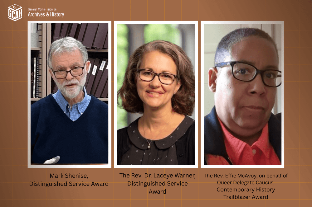 GCAH announced that Mark Shenise and the Rev. Dr. Laceye Warner have each received the Distinguished Service Award and the Queer Delegate Caucus has received the Contemporary History Trailblazer Award. (Canva illustration by Crystal Caviness)